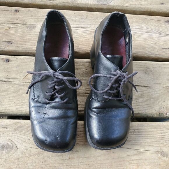 Vintage 90s y2k Bratz Square Toe Chunky Heel Black Faux Vegan Leather Oxfords - Picture 2 of 6